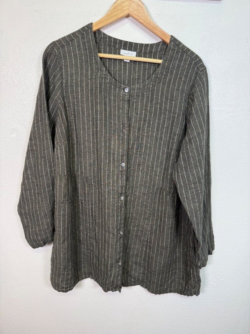 Pure J. JILL 100% Linen Women's Tunic Top Green Pinstripe Pockets Lagenlook 1X